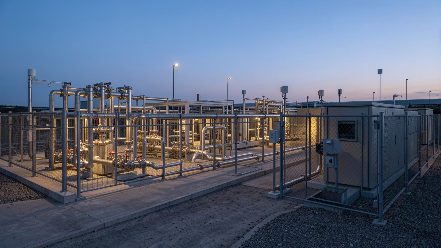 Industrial telemetry facility at dusk with fenced enclosures illustrating physical OT cybersecurity controls