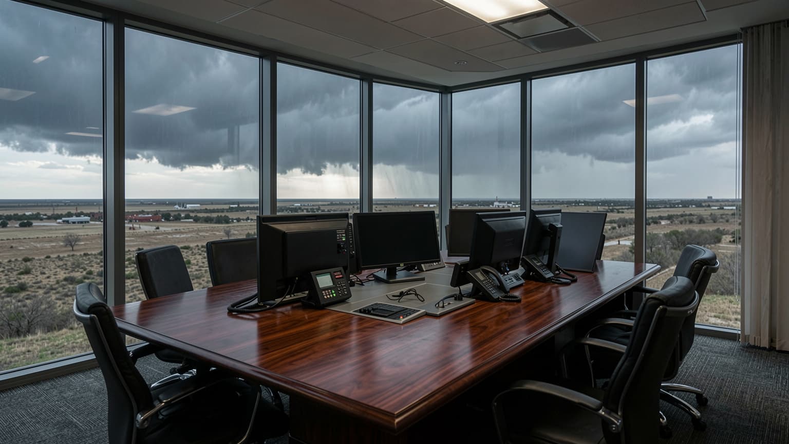 An executive emergency operations room overlooking storm clouds, representing managed disaster recovery services in Texas.