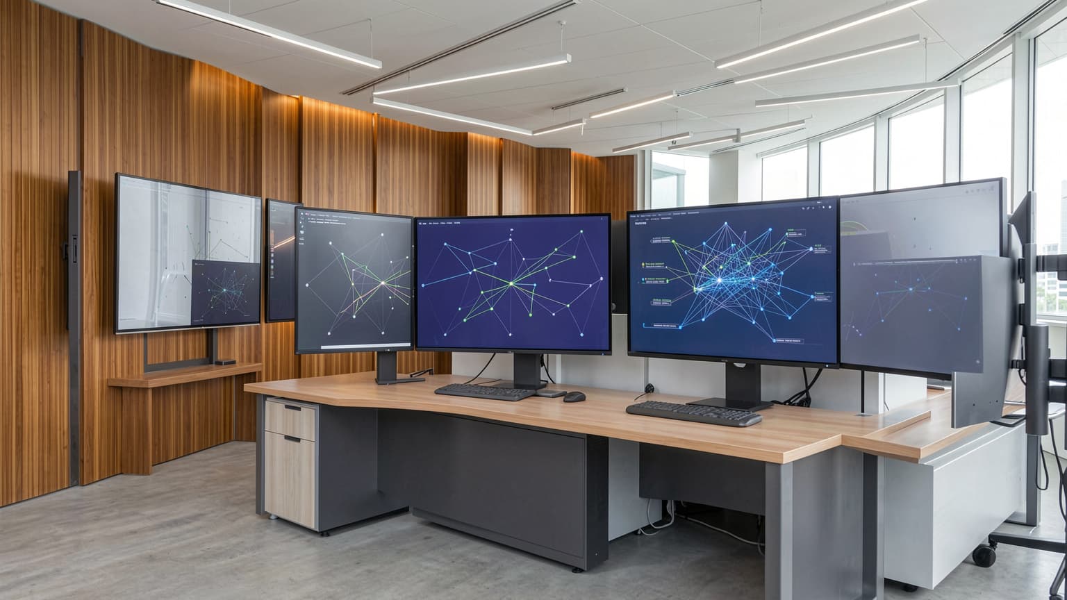 Enterprise operations center monitors displaying network data, illustrating what is enterprise risk management.