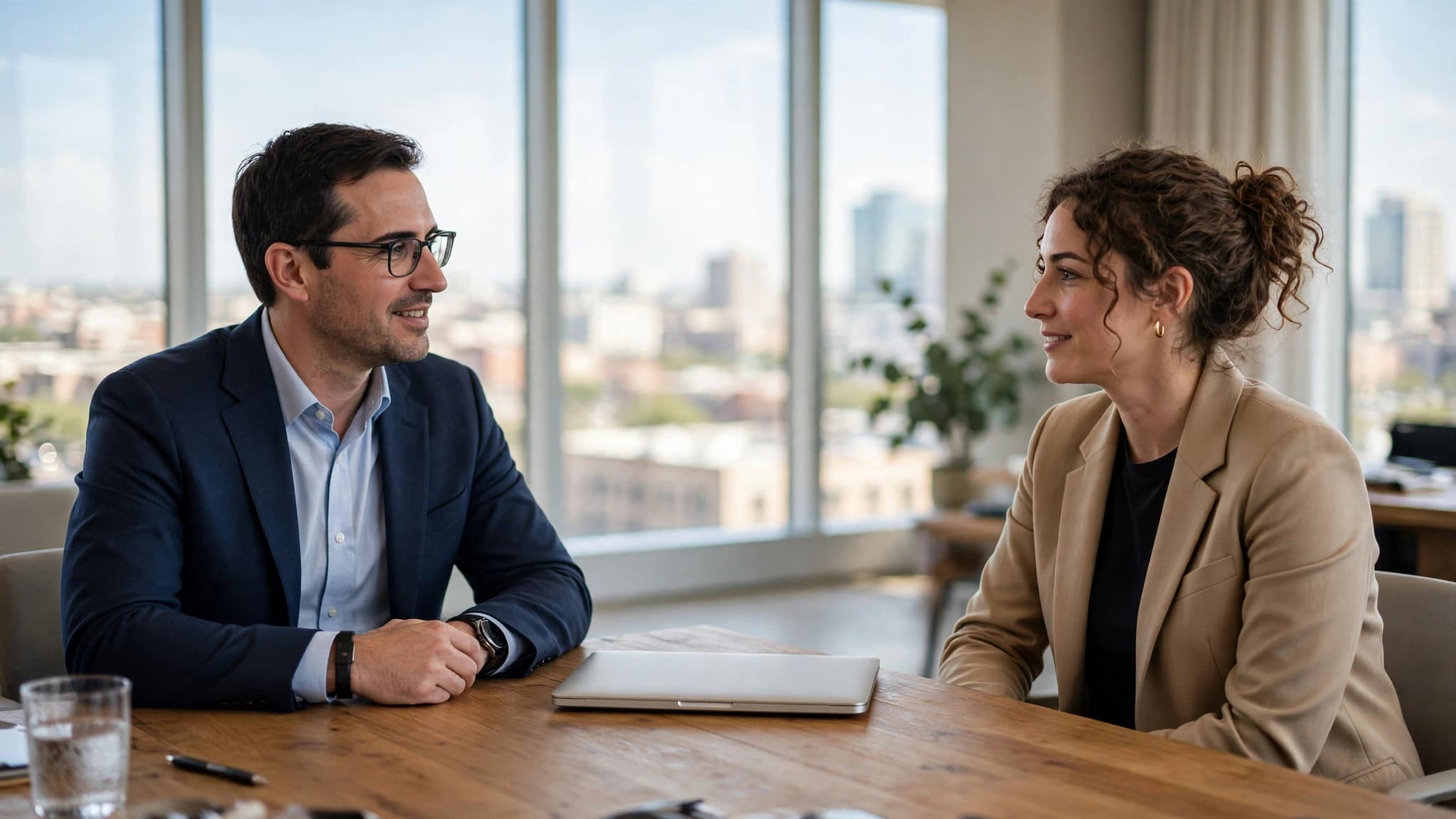Two business leaders review a one-page summary at a long wooden table in a bright Fort Worth conference room