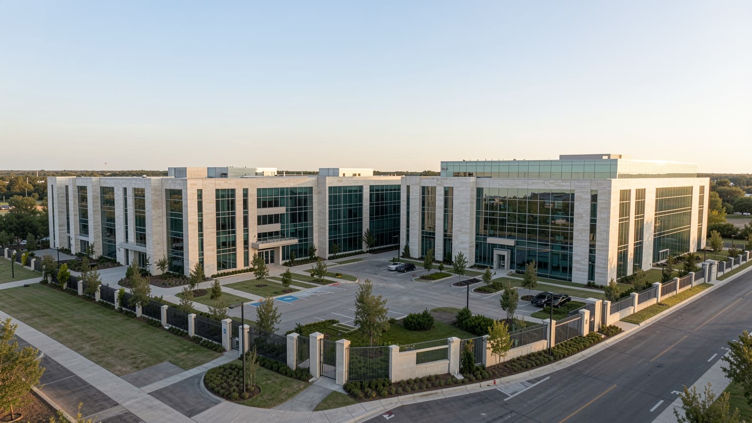 Modern enterprise corporate campus in North Texas, representing cybersecurity companies in Texas.