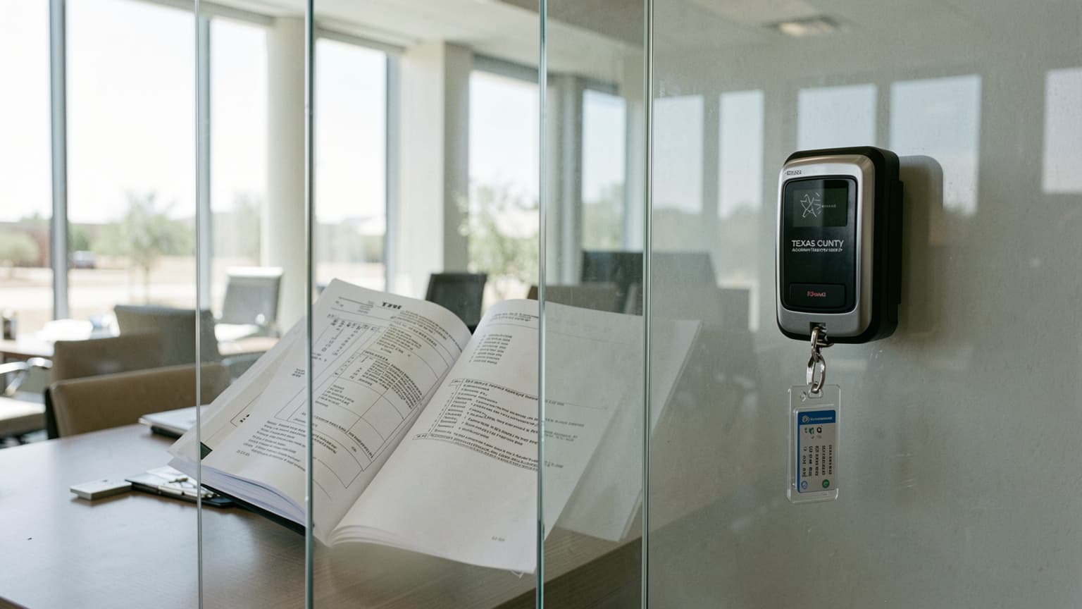 Texas county technology office with badge reader and technical manual for CJIS security policy review.