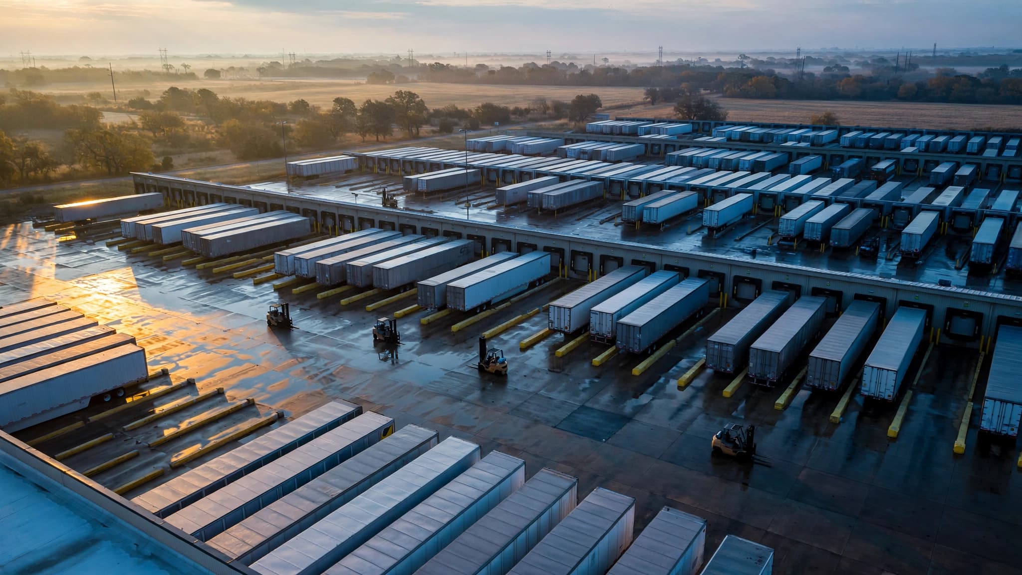Early-morning North Texas freight yard with trailers at loading docks, showing a supply chain that depends on many vendors