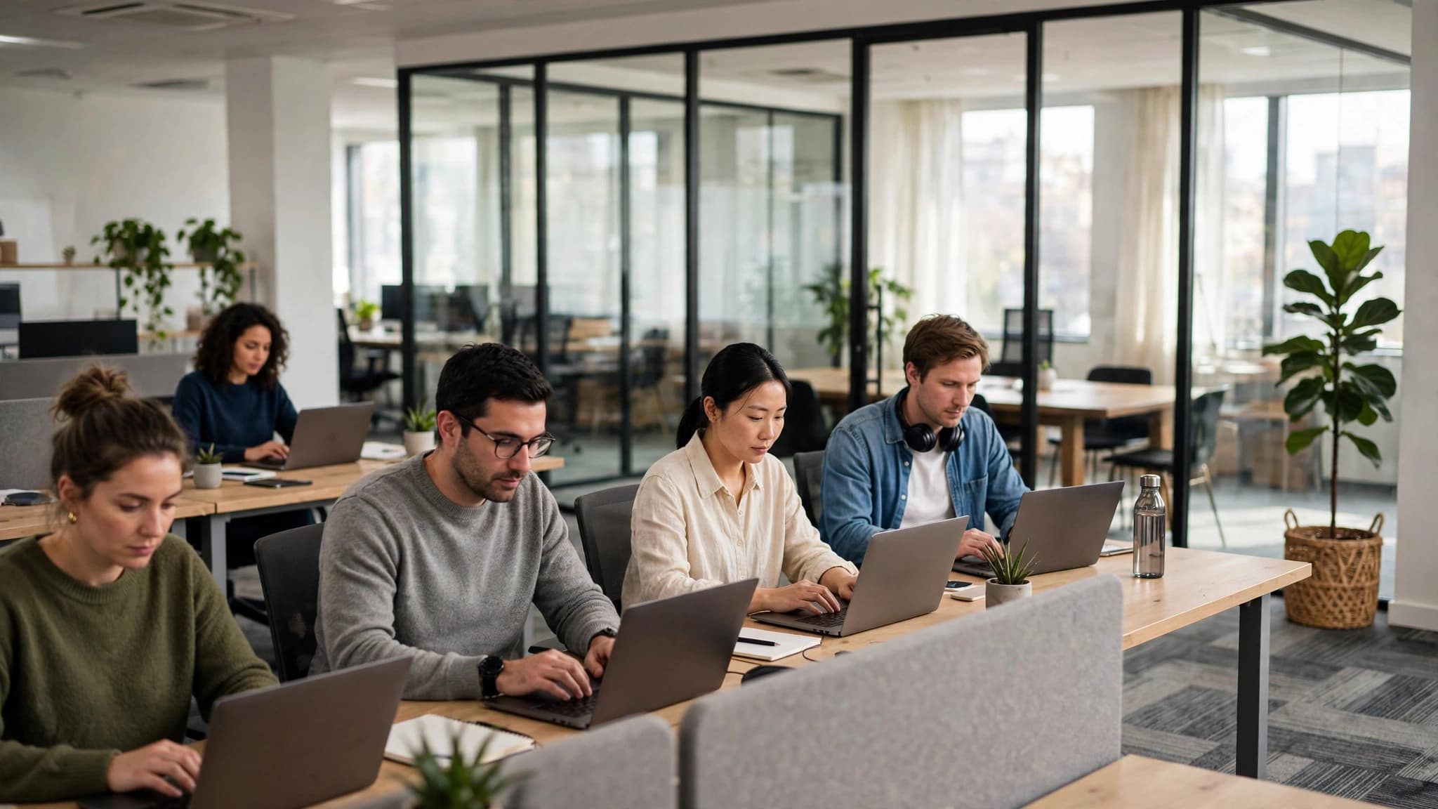 Employees using laptops on an open-plan office floor, showing enterprise AI solutions at work in a daytime office