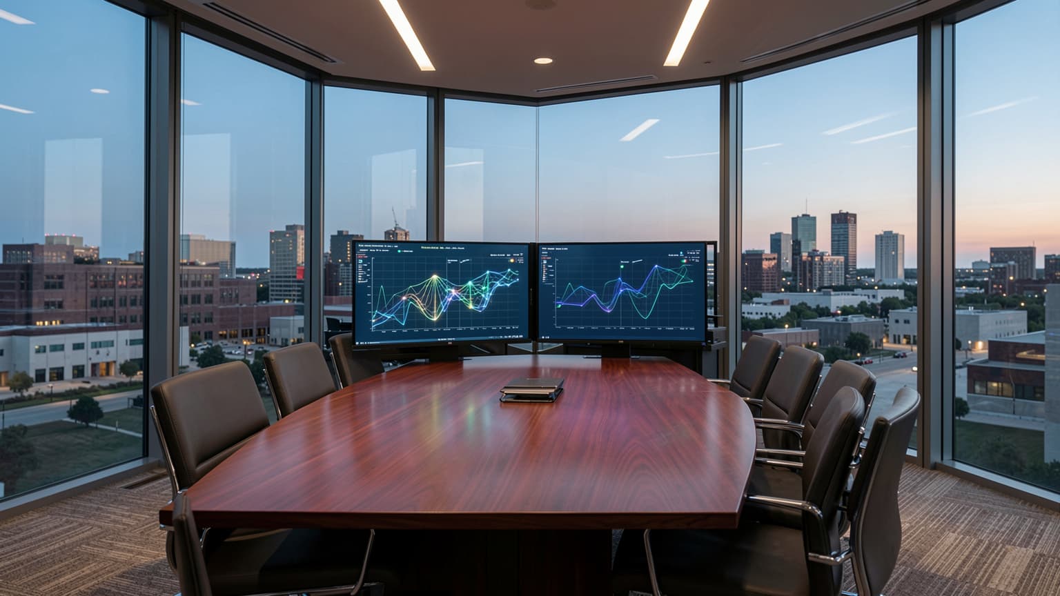 Executive boardroom table with cybersecurity monitors illustrating what is a virtual CISO for mid-market governance.