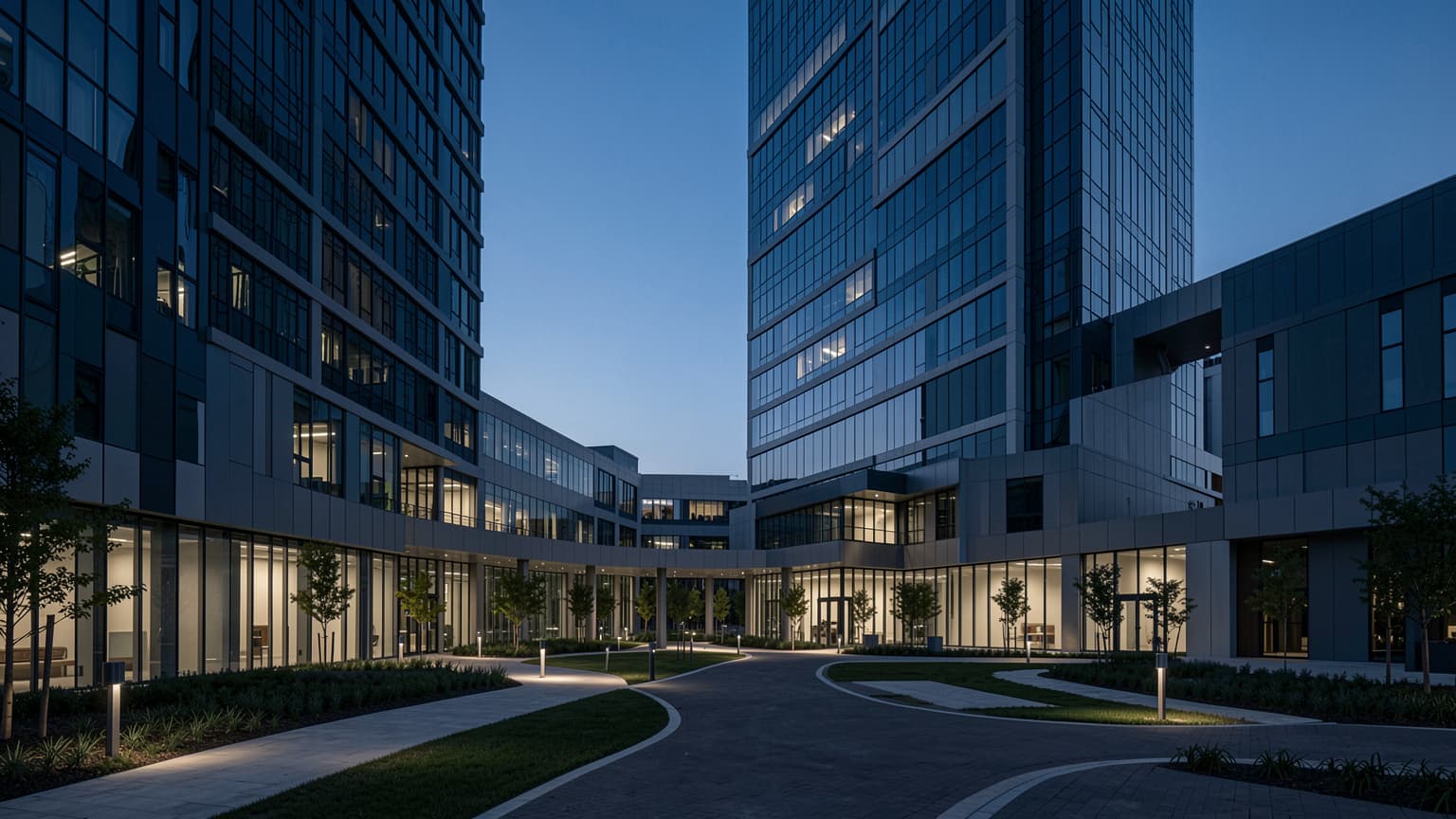Modern commercial office campus at twilight showing access points protected by commercial security services.