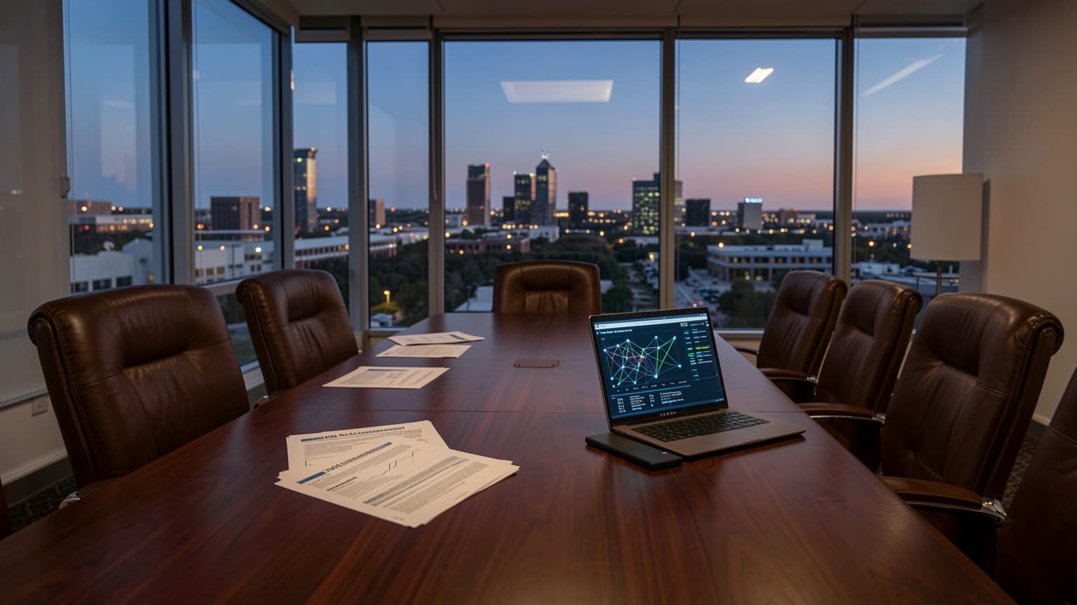 Corporate boardroom briefing on enterprise risk management with telemetry reports overlooking a Texas skyline.