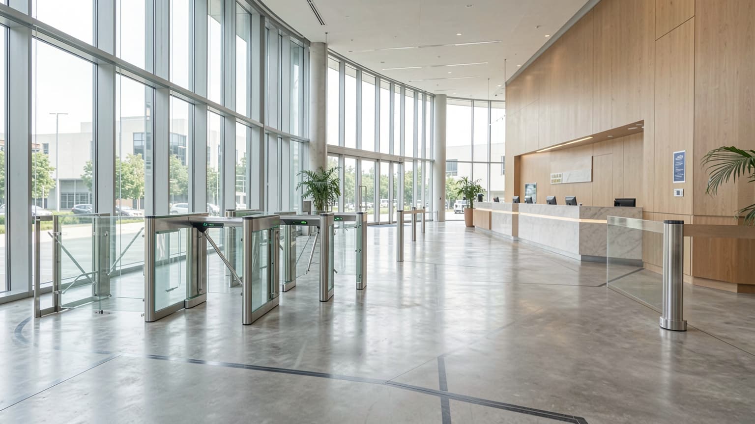 Modern corporate lobby turnstiles and security checkpoints demonstrating how to prevent tailgating in cyber security