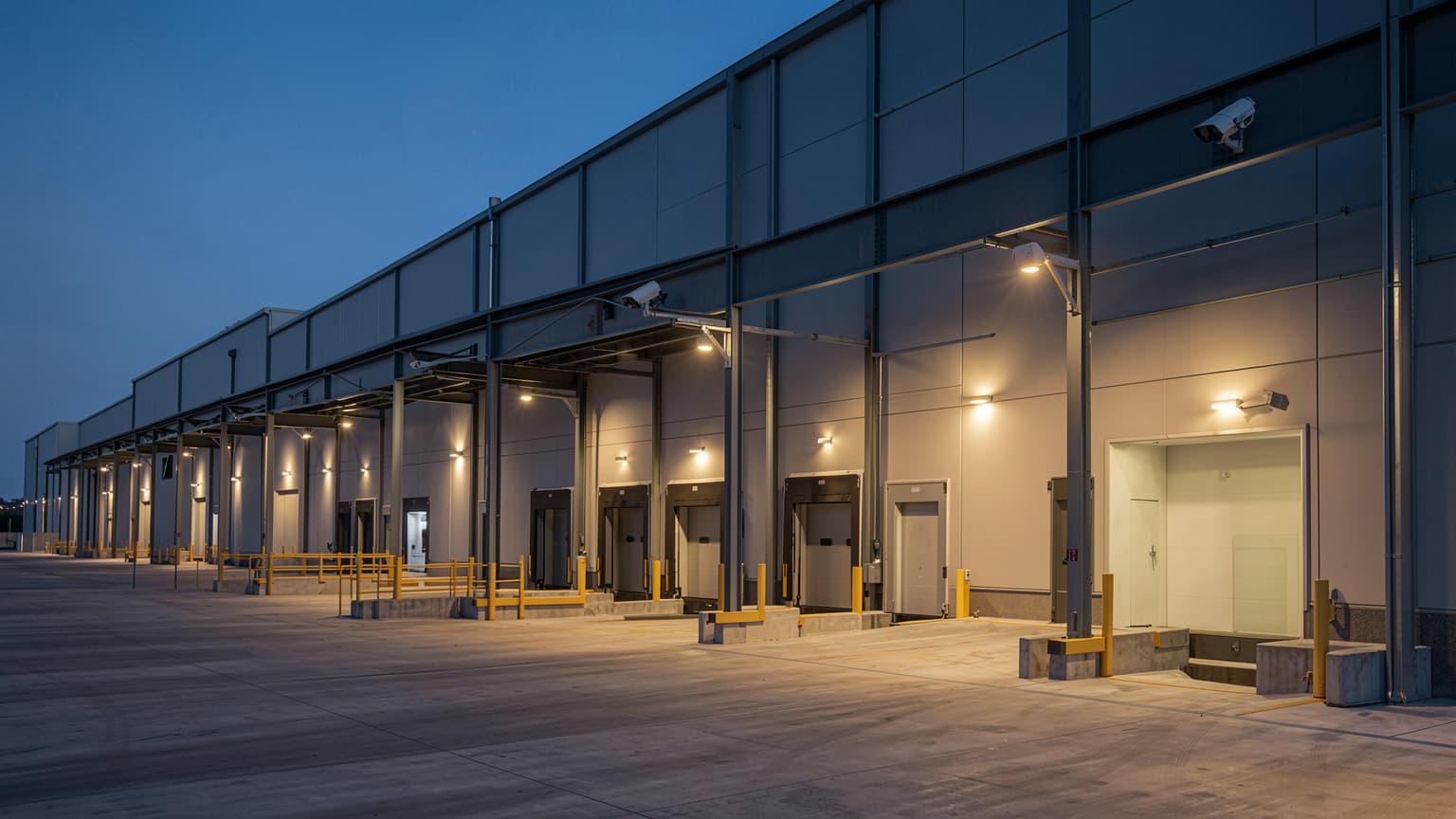 Industrial distribution center dock with cameras linked to a commercial security monitoring service.